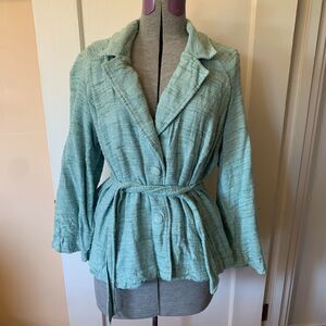Aqua Slub Silk Sz XL Belted Trench Jacket Coastal Grandmother Light Academia